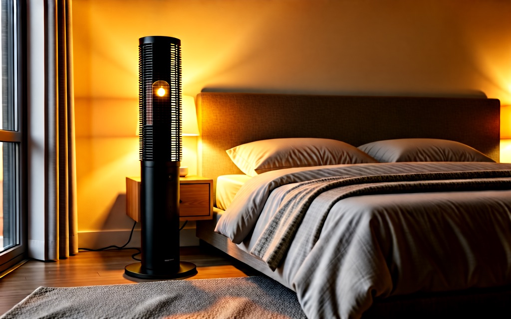 Sleek tower fan in a modern bedroom