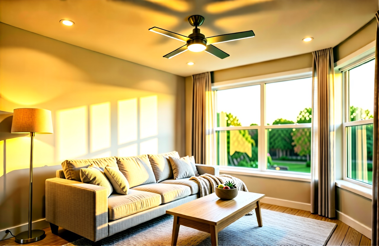 Modern living room with a ceiling fan and light kit