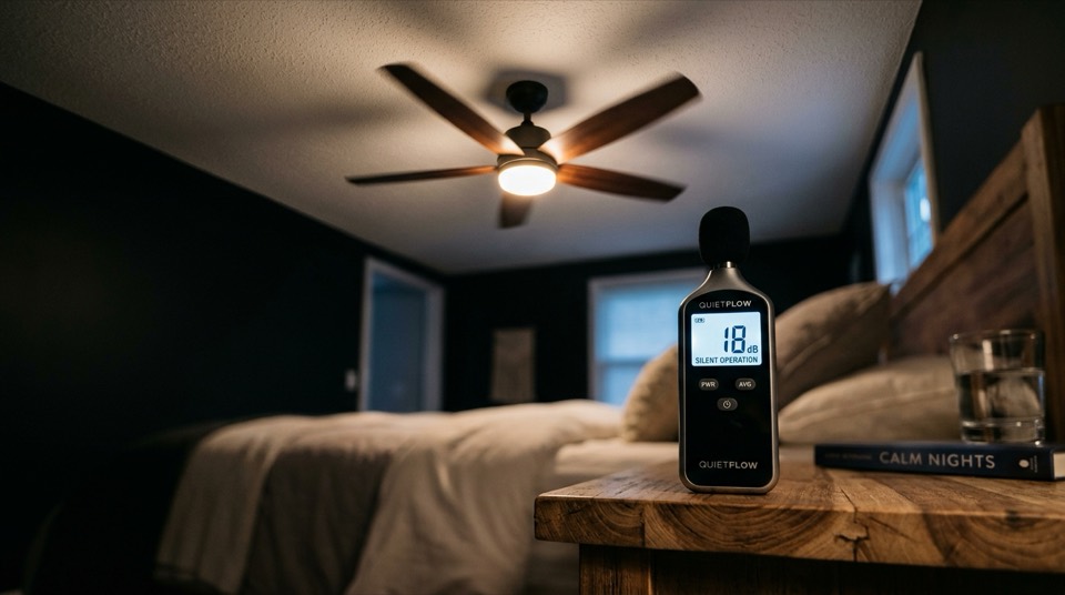 DC, Quiet & Energy-Efficient Ceiling Fans: Decibel meter showing silent ope… Decibel meter showing silent ope… — DC, Quiet & Energy-Efficient Ceiling Fans