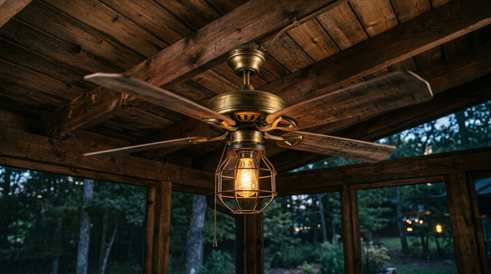 DC, Quiet & Energy-Efficient Ceiling Fans: Wooden ceiling fan spinning slowly Wooden ceiling fan spinning slowly — DC, Quiet & Energy-Efficient Ceiling Fans