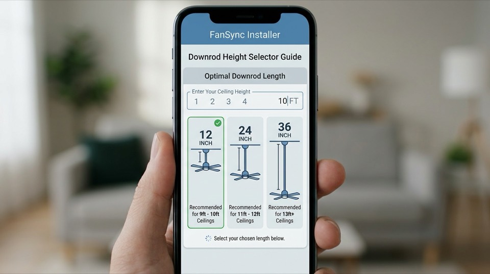 App showing downrod height guide — Ceiling Fan Installation & Wiring