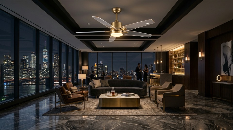 Ceiling fan in penthouse lounge — Large & High-CFM Ceiling Fans