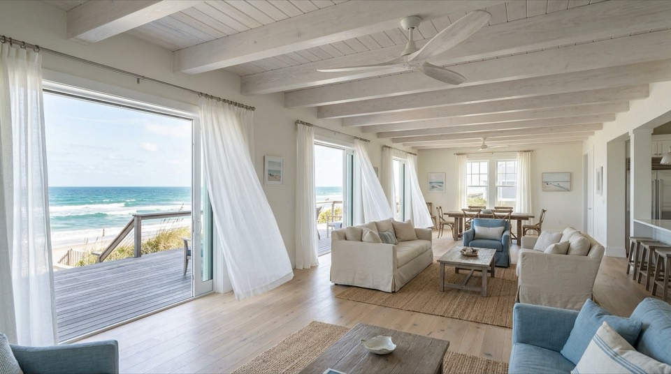 Ocean view open-plan great room — Large & High-CFM Ceiling Fans