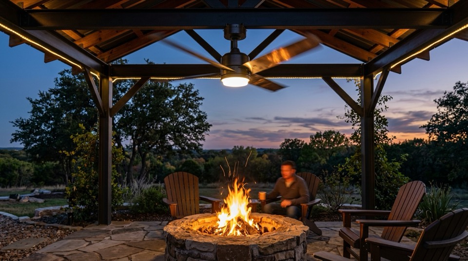 Outdoor fan spinning above fire — Outdoor & Patio Ceiling Fans