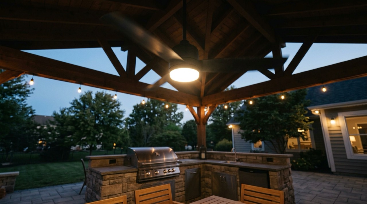 Fan spinning above outdoor grill — Outdoor & Patio Ceiling Fans