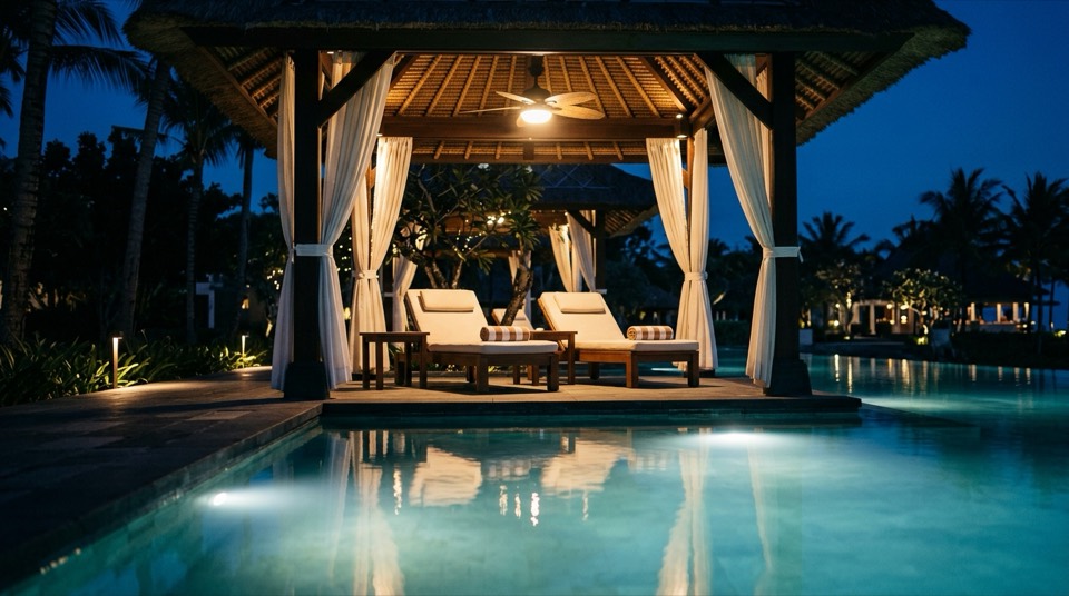 Luxury pool cabana at night — Outdoor & Patio Ceiling Fans