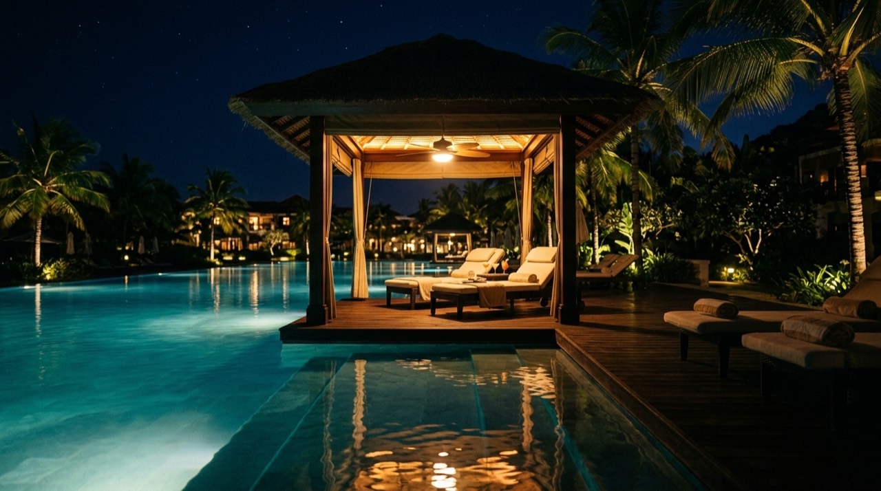 Luxury pool cabana at night — Outdoor & Patio Ceiling Fans
