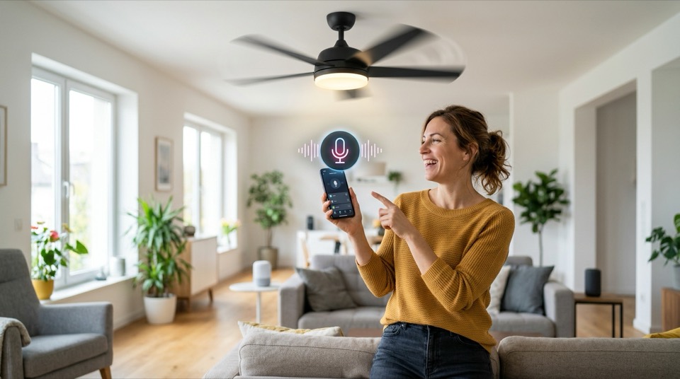 Homeowner using smartphone ceili… — Ceiling Fans with Remotes & Controls