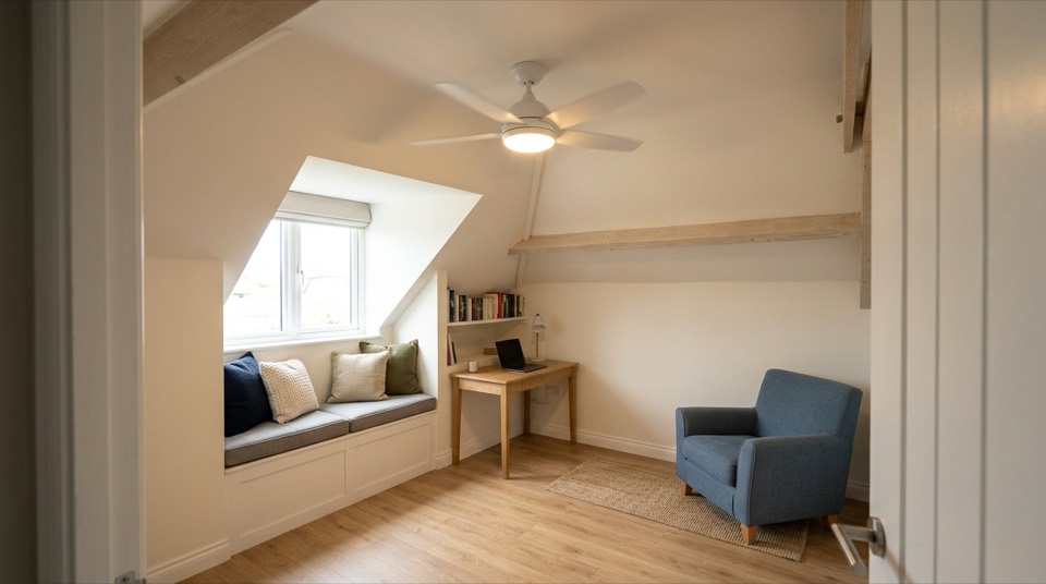Ceiling fan in attic room — Ceiling Fan Sizing Guide
