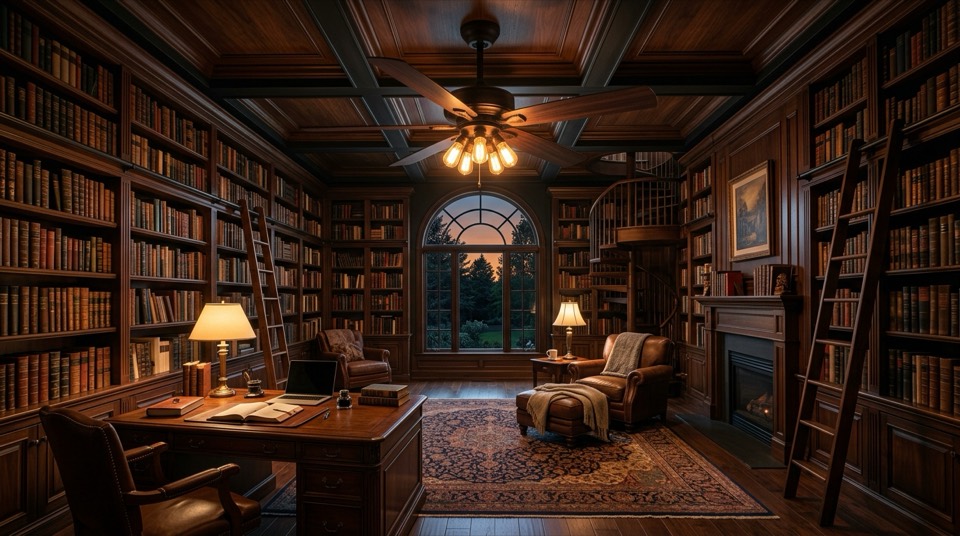 Home library office glowing — Small-Room Ceiling Fans