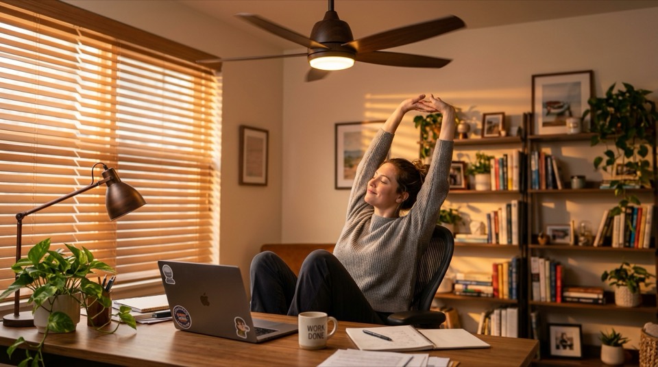 Person stretching at desk — Small-Room Ceiling Fans