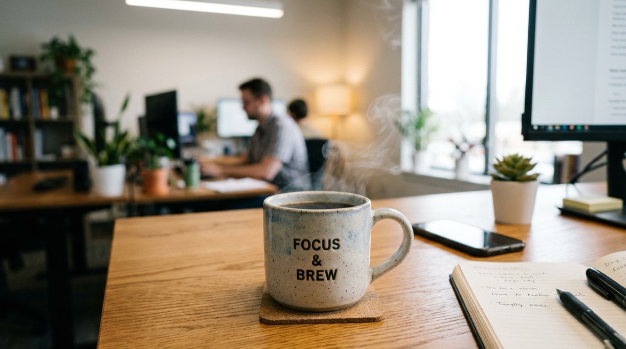 Coffee cup on office desk — Small-Room Ceiling Fans