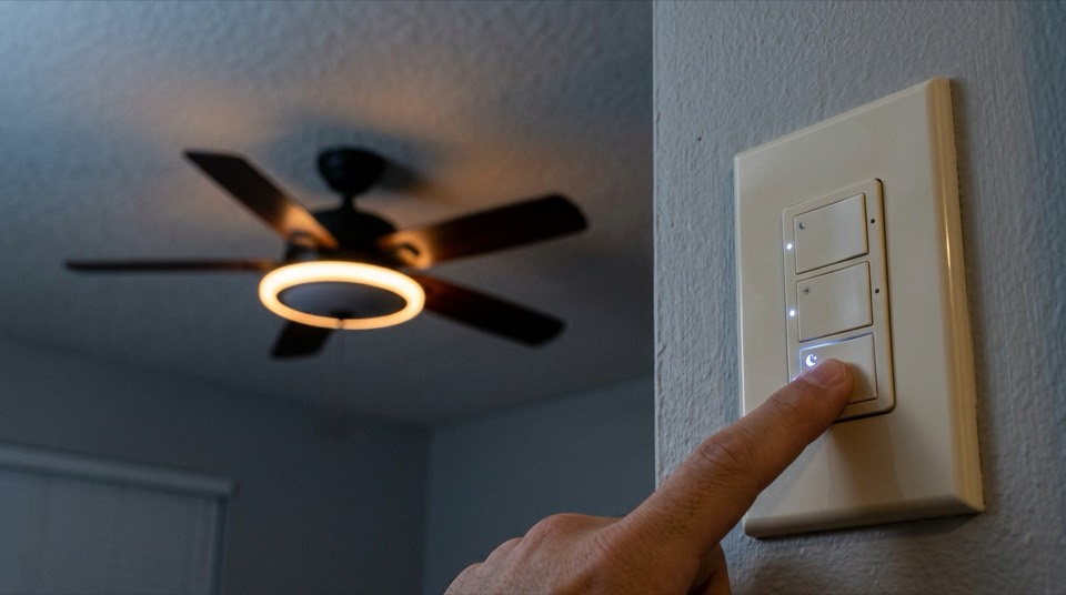 Finger pressing wall switch button — Smart Ceiling Fans