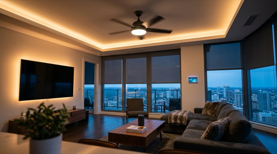 Smart blinds lowering in living — Ceiling Fan Styles & Finishes
