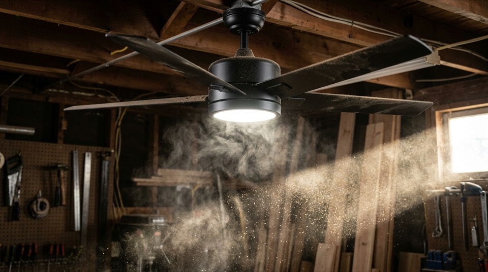 Ceiling fan clearing workshop dust — Bathroom Exhaust Fans