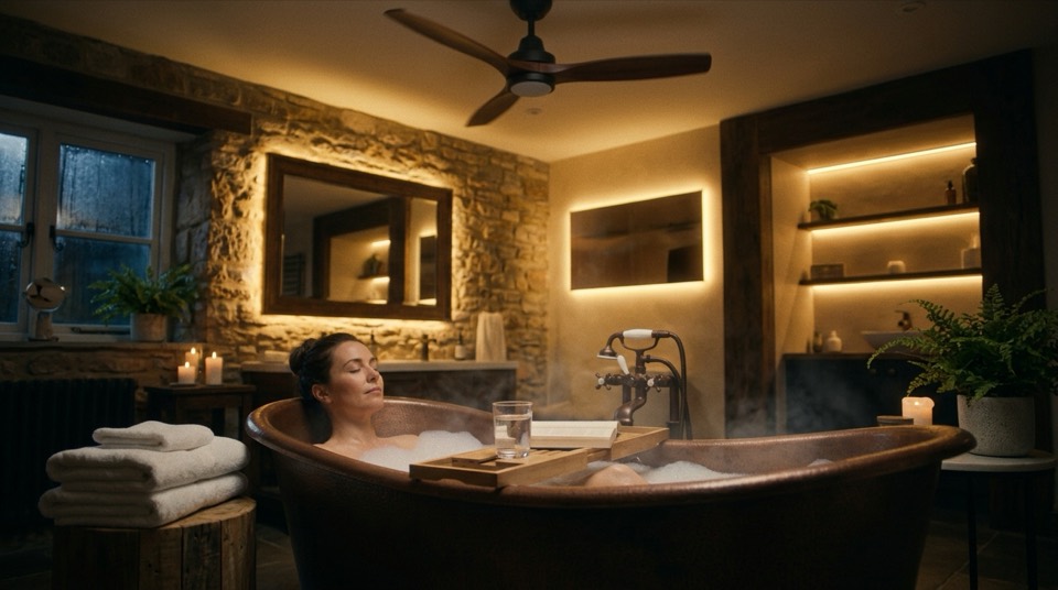 Person relaxing in bathtub — Bathroom Exhaust Fans
