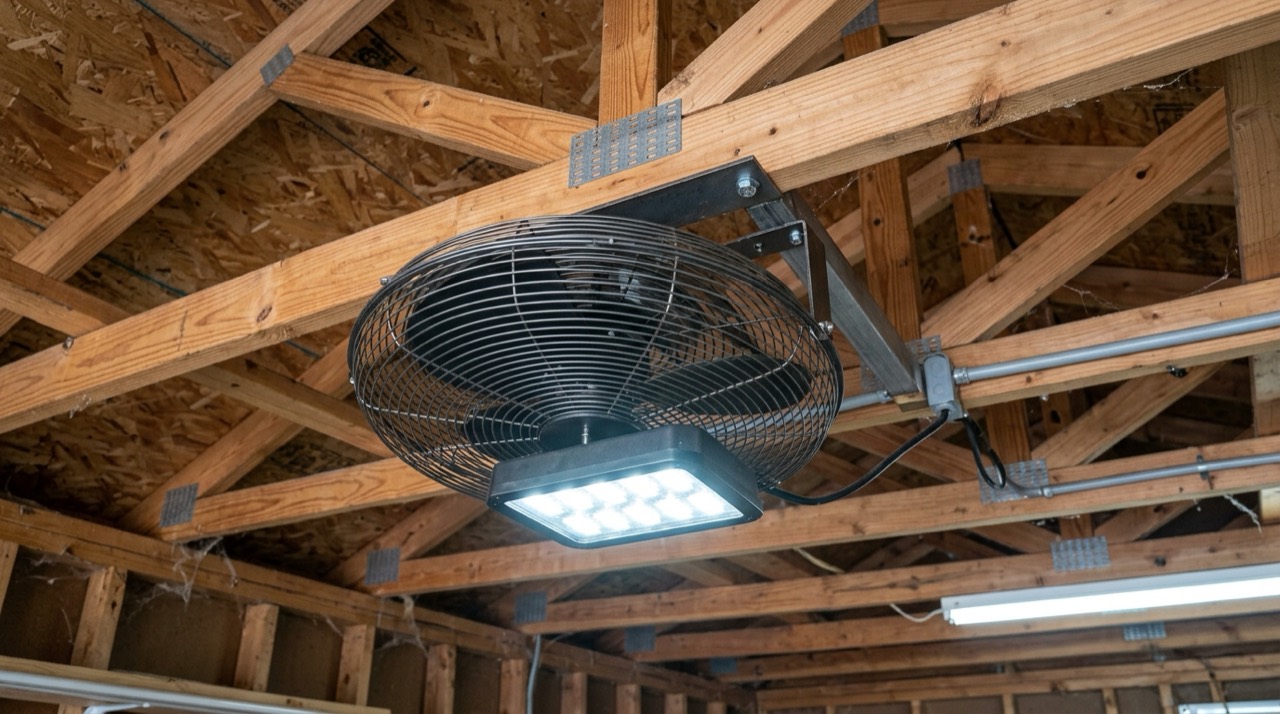 Shop fan mounted on ceiling — Whole-House & Attic Fans