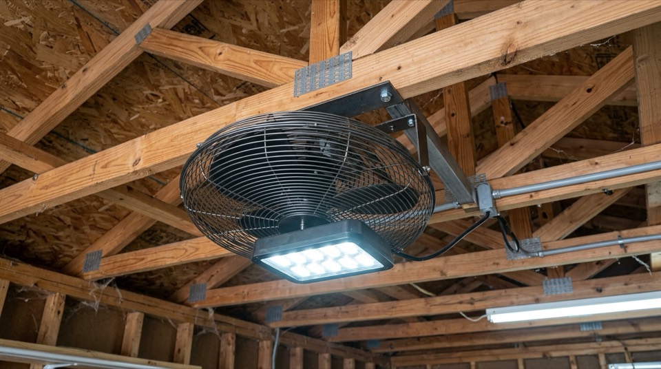 Shop fan mounted on ceiling — Whole-House & Attic Fans