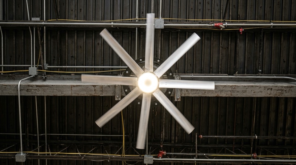Industrial shop fan spinning on — Whole-House & Attic Fans