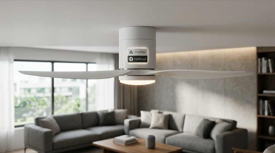 Smart ceiling fan glowing softly — Bathroom Fans with Light & Heater