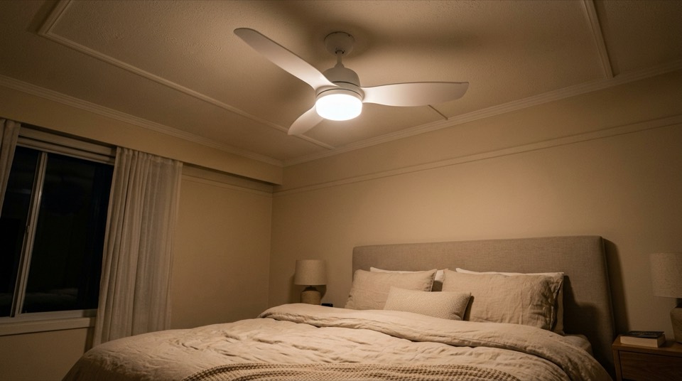 Ceiling fan glowing in bedroom — Bathroom Fans with Light & Heater