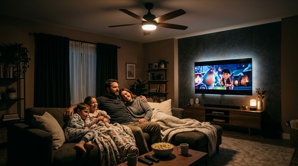 Family relaxing watching TV — Bathroom Fans with Light & Heater
