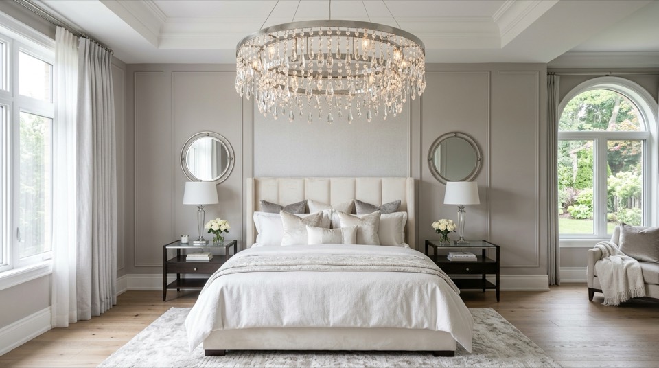 Chandelier over bedroom bed — Lighting by Room