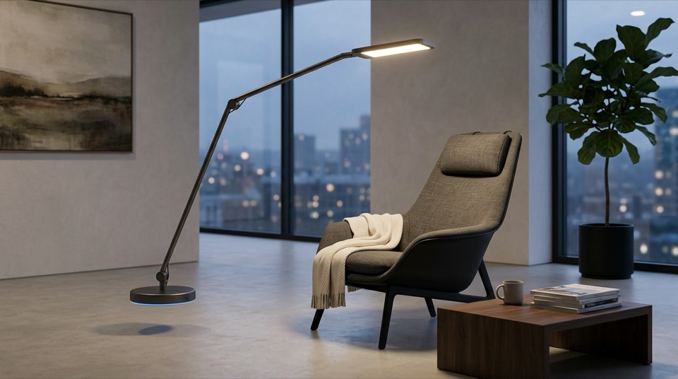 Lamp floating over lounge chair — Lighting by Room