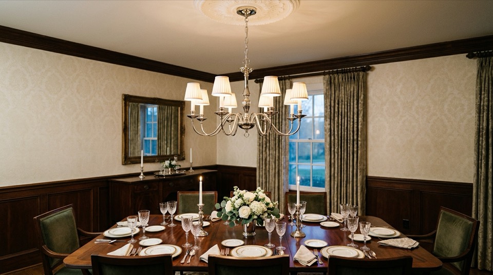 Chandelier over mahogany dining … — Chandeliers