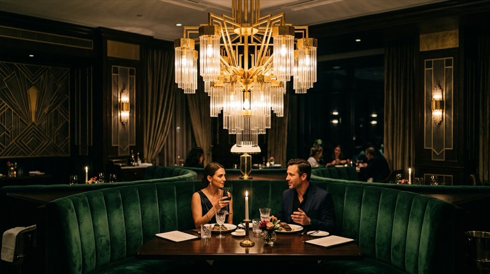 Chandelier over dining booth — Chandeliers