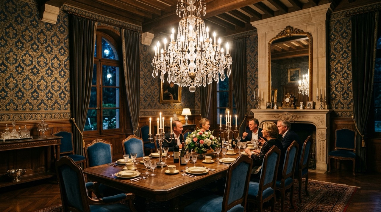 Statement chandelier over a dining table
