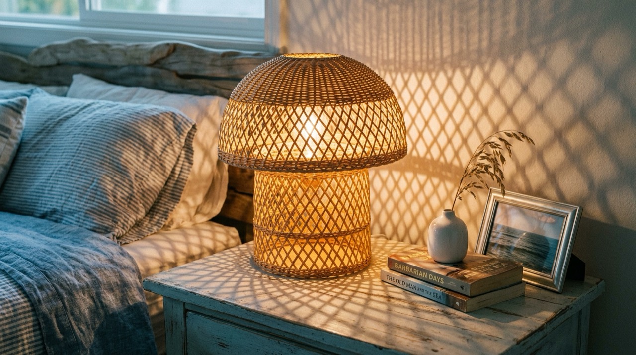 Rattan table lamp on nightstand — Floor, Table & Desk Lamps