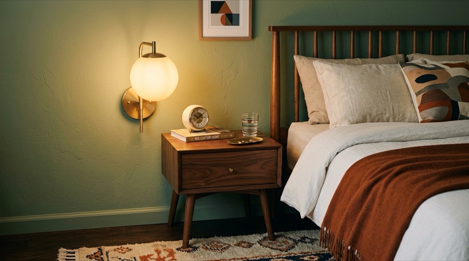 Glass wall sconce beside nightstand — Outdoor & Landscape Lighting