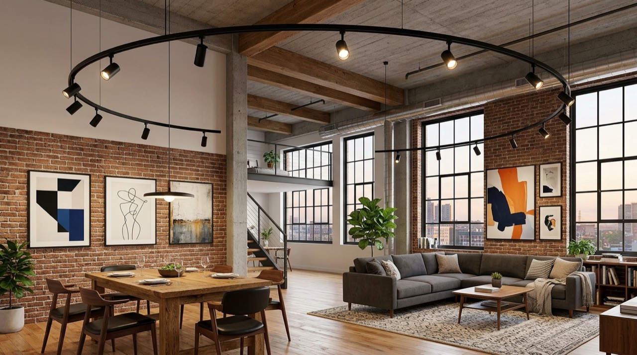 Track light spanning living zone — Track Lighting