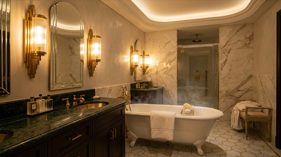 Glass vanity sconces in bathroom — Vanity & Bathroom Lighting
