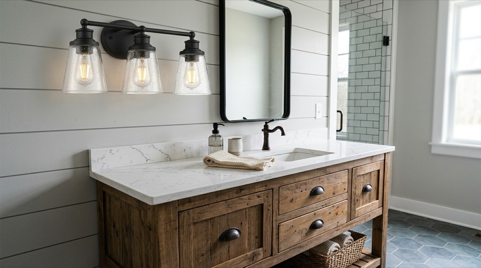Vanity fixture over wooden cabinet — Vanity & Bathroom Lighting