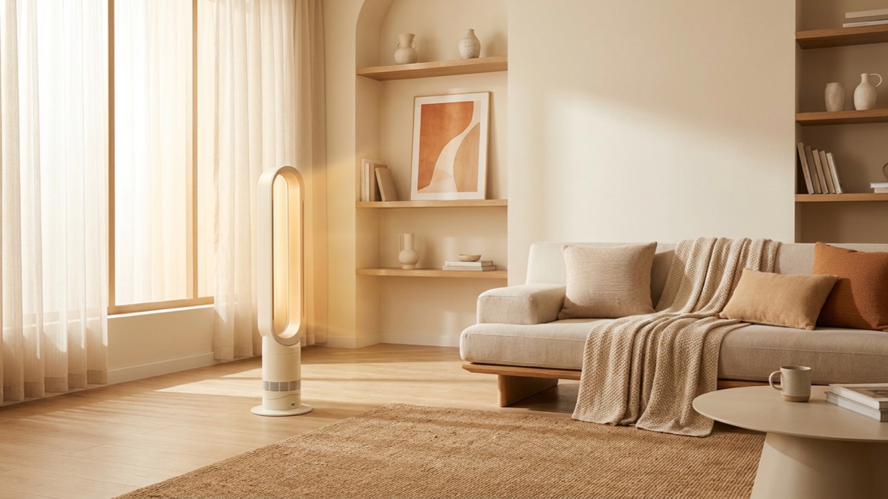 Modern bladeless fan in a minimalist living room — Bladeless Fans & Air Circulators