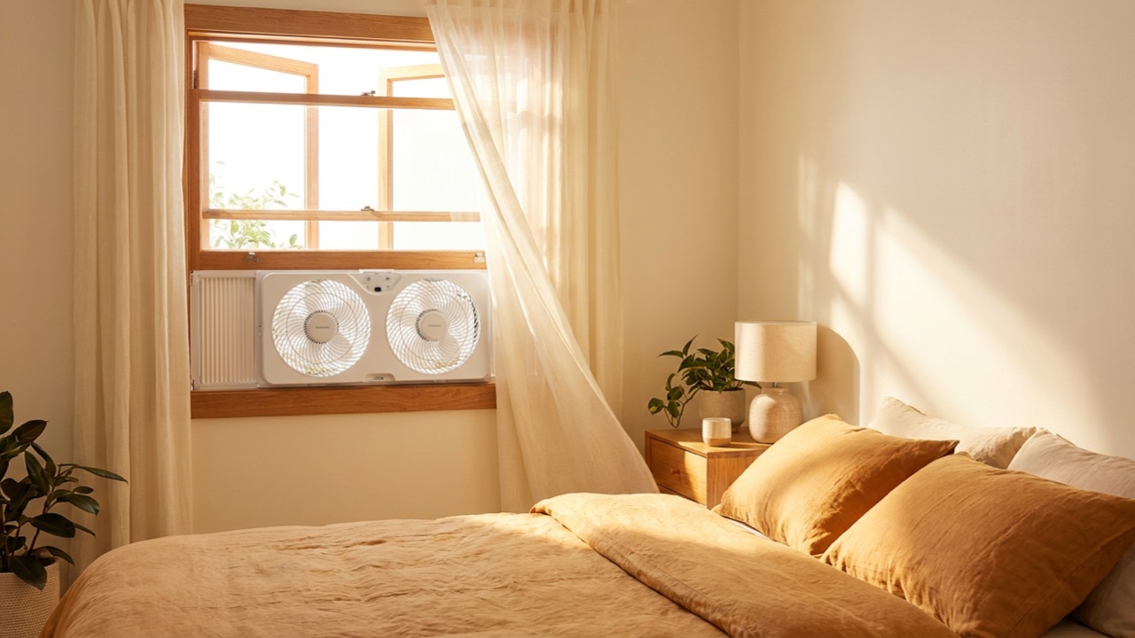 Best Box & Window Fans: Twin window fan fitted in a bright bedroom window Twin window fan fitted in a bright bedroom window — Best Box & Window Fans