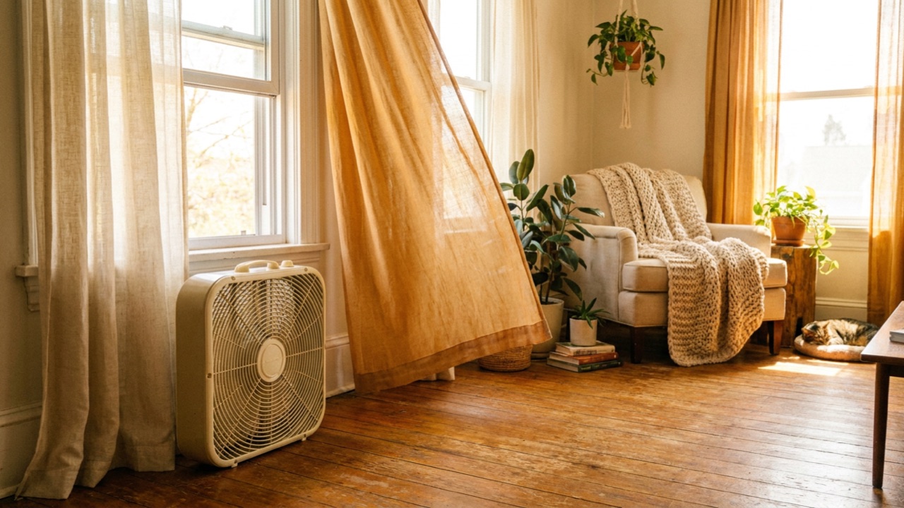 Box fan by an open window with billowing curtains — Box & Window Fans