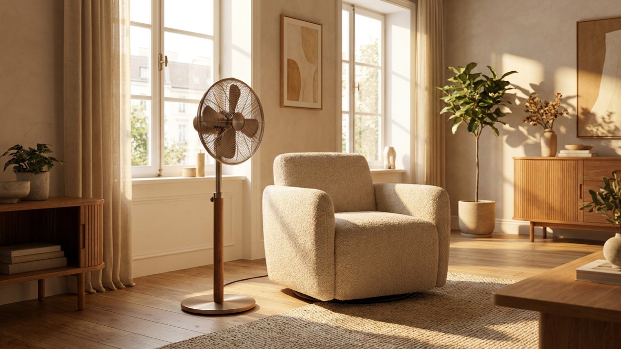 Pedestal fan beside an armchair in a warm sunlit room — Best Pedestal Fans