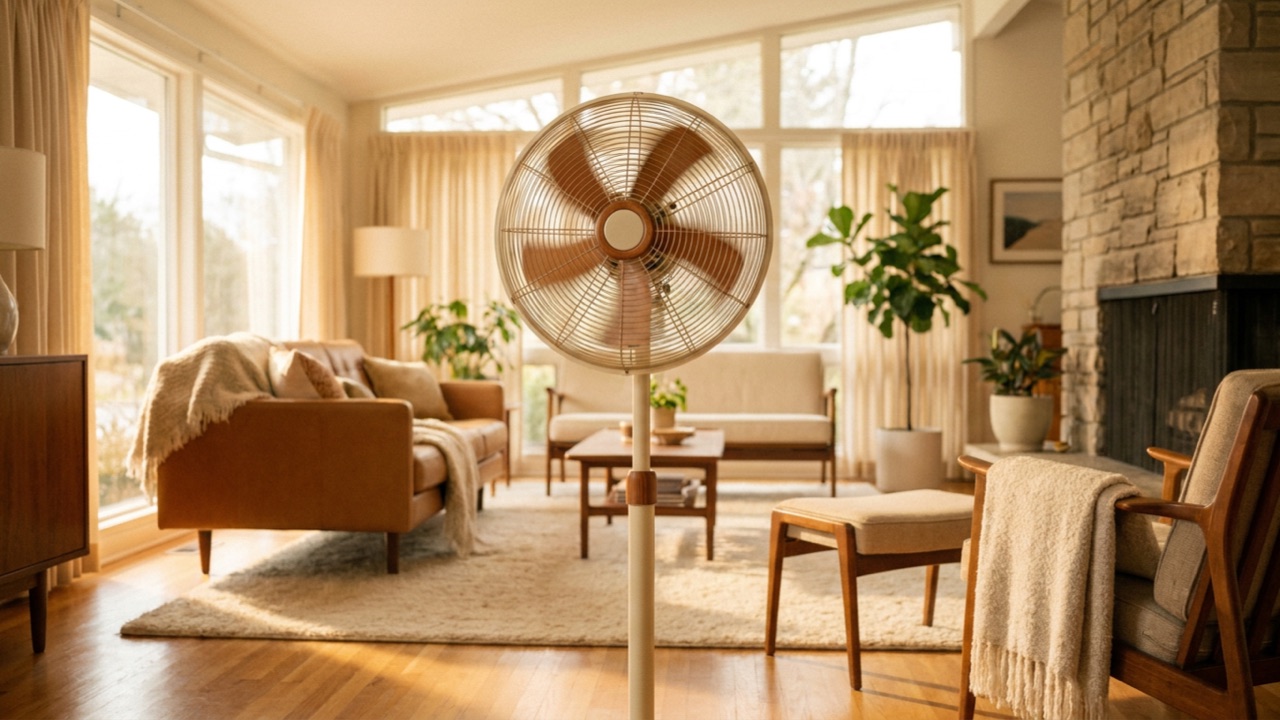 Height-adjustable pedestal fan in an open-plan living room — Pedestal & Standing Fans