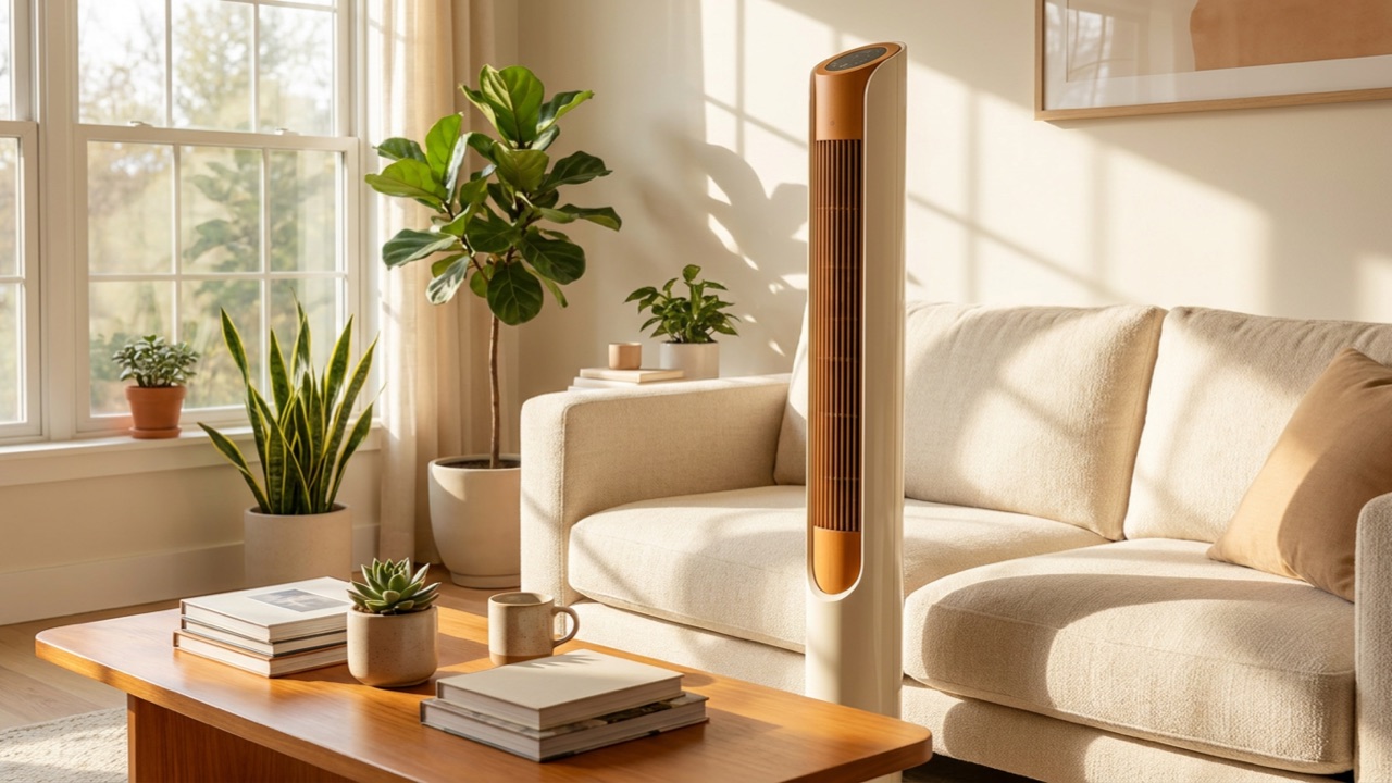 Tall tower fan beside a sofa in a sunlit living room — Best Tower Fans
