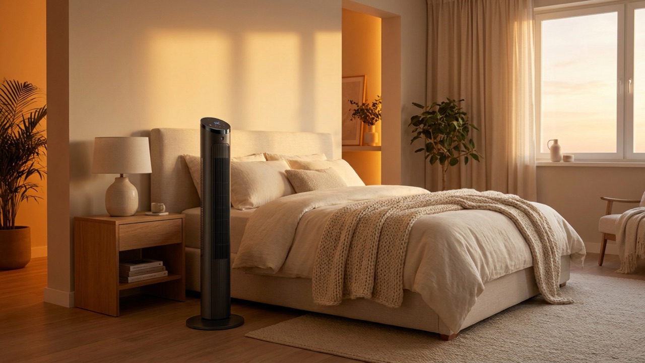 Slim oscillating tower fan in a modern bedroom — Tower Fans