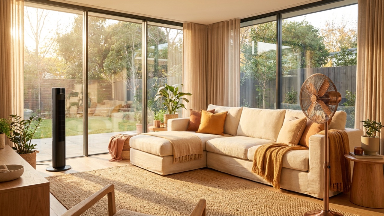 Tower and pedestal fans cooling a bright modern living room — Portable & Room Fans